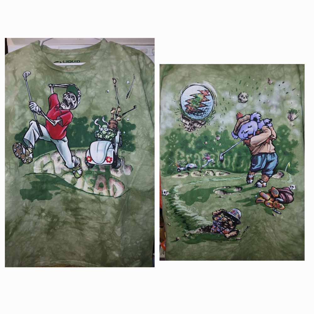 Liquid Blue- Grateful Dead- Tie-Dyed Green Graphic Golf T-Shirt (Large)